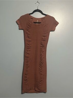 Aura - Mauve Brown Textured Short-Sleeve Bodycon Dress - Stretchy - Large/XL